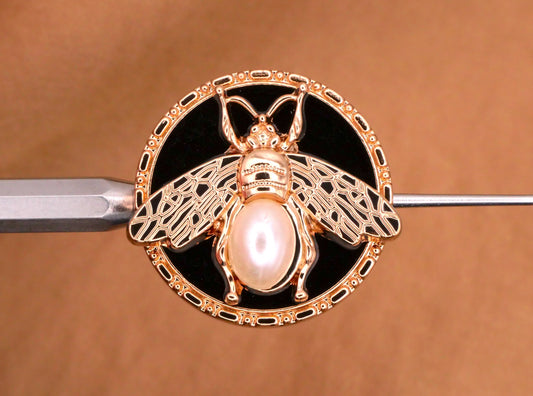 Bee Soft Gold Black Enamel Faux Pearl Metal Button 22mm