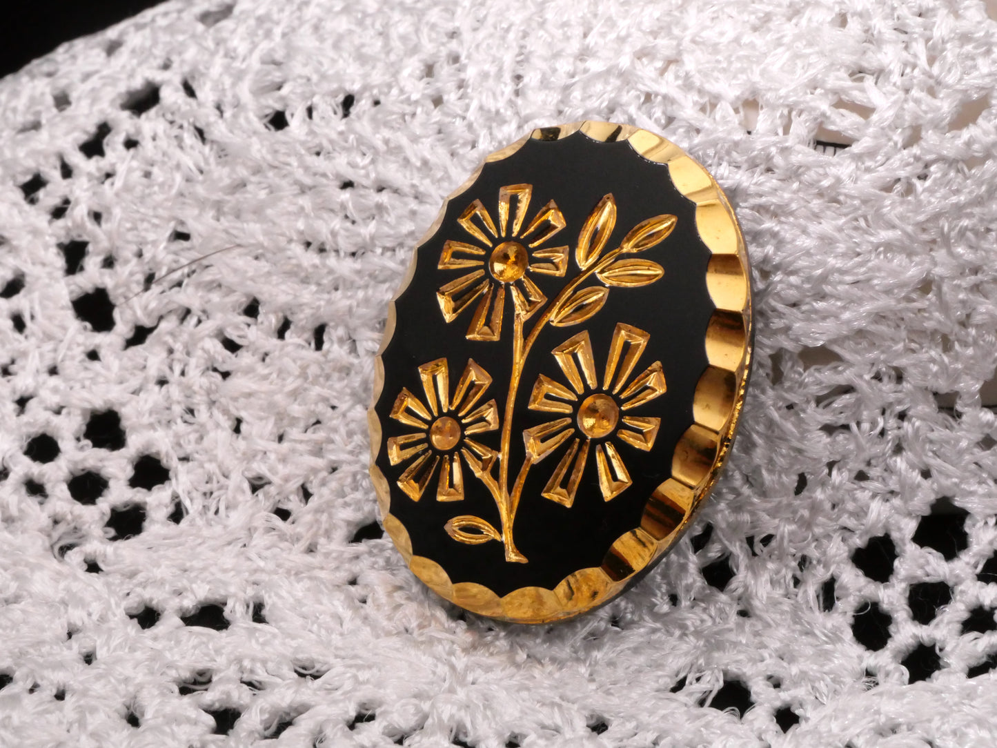 Black Czech Glass Large Button with Gold Flowers Pie Crust Edge 26x34mm