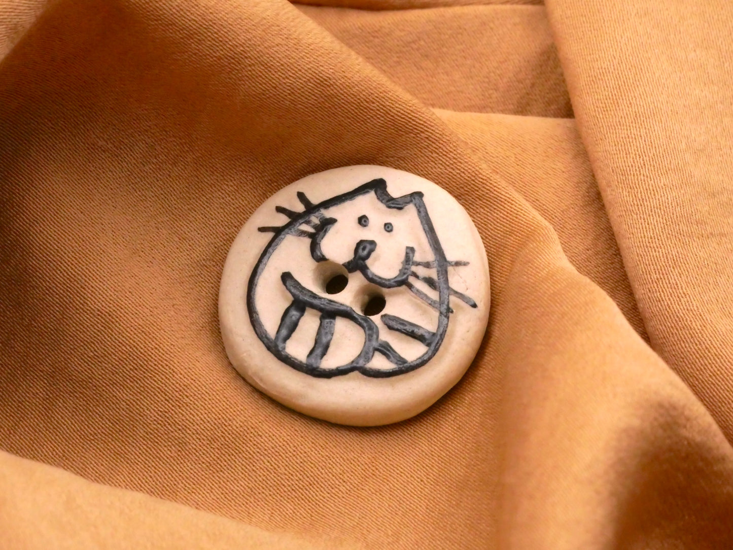 Cat Ceramic Handmade Hand-Painted Black Outlines Kitty Button 22mm