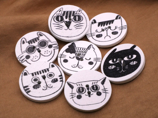 Cat Black and White Wood Kitty Sew-Thru Assorted Set of Four Buttons 25mm