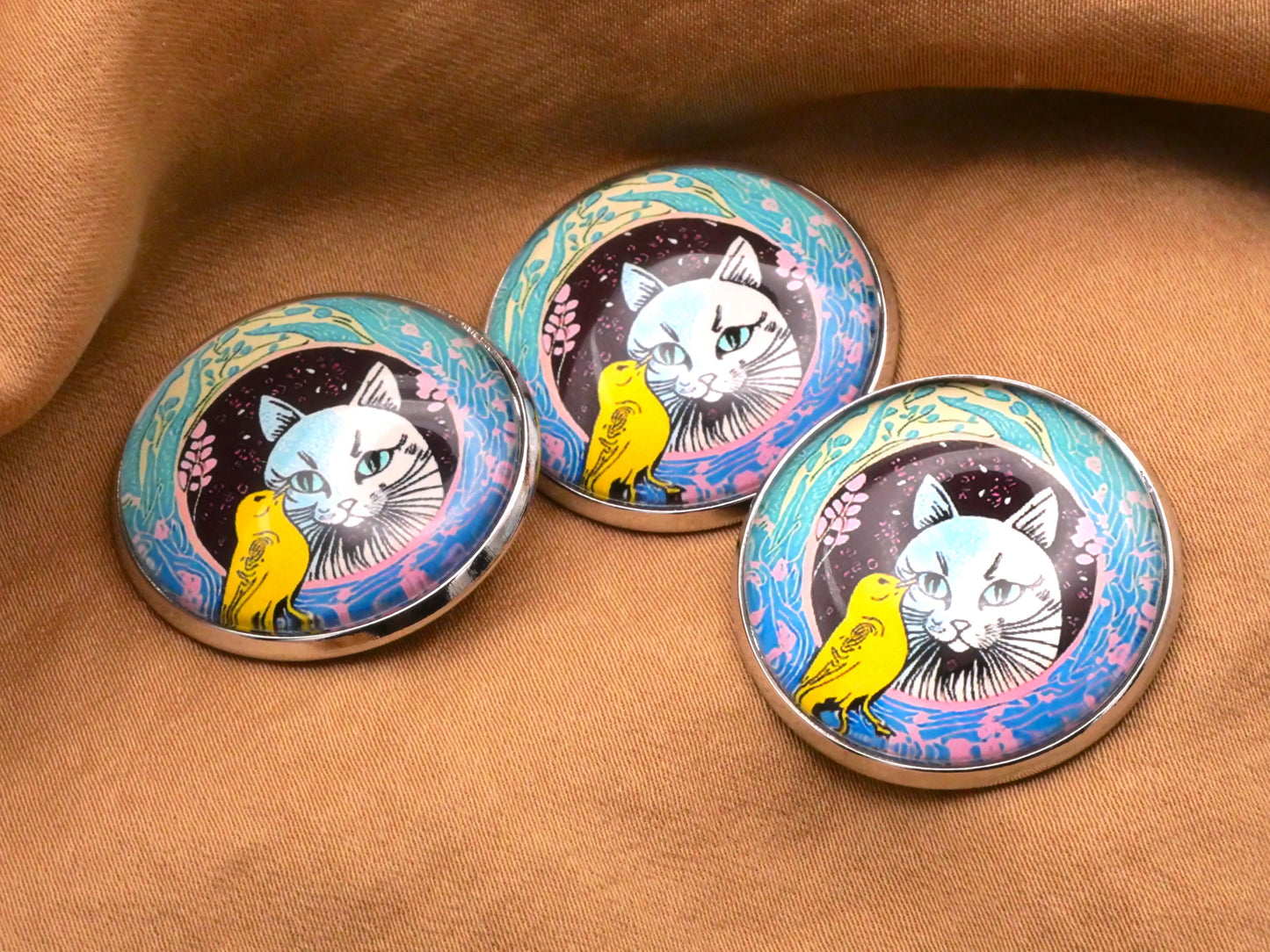 Cat Yellow Bird Friends Colorful Glass Dome Kitty Button 27mm