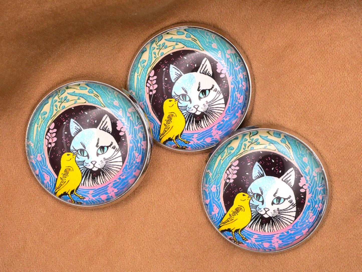 Cat Yellow Bird Friends Colorful Glass Dome Kitty Button 27mm