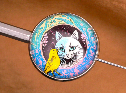 Cat Yellow Bird Friends Colorful Glass Dome Kitty Button 27mm