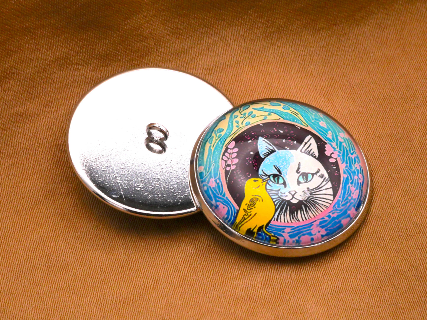 Cat Yellow Bird Friends Colorful Glass Dome Kitty Button 27mm