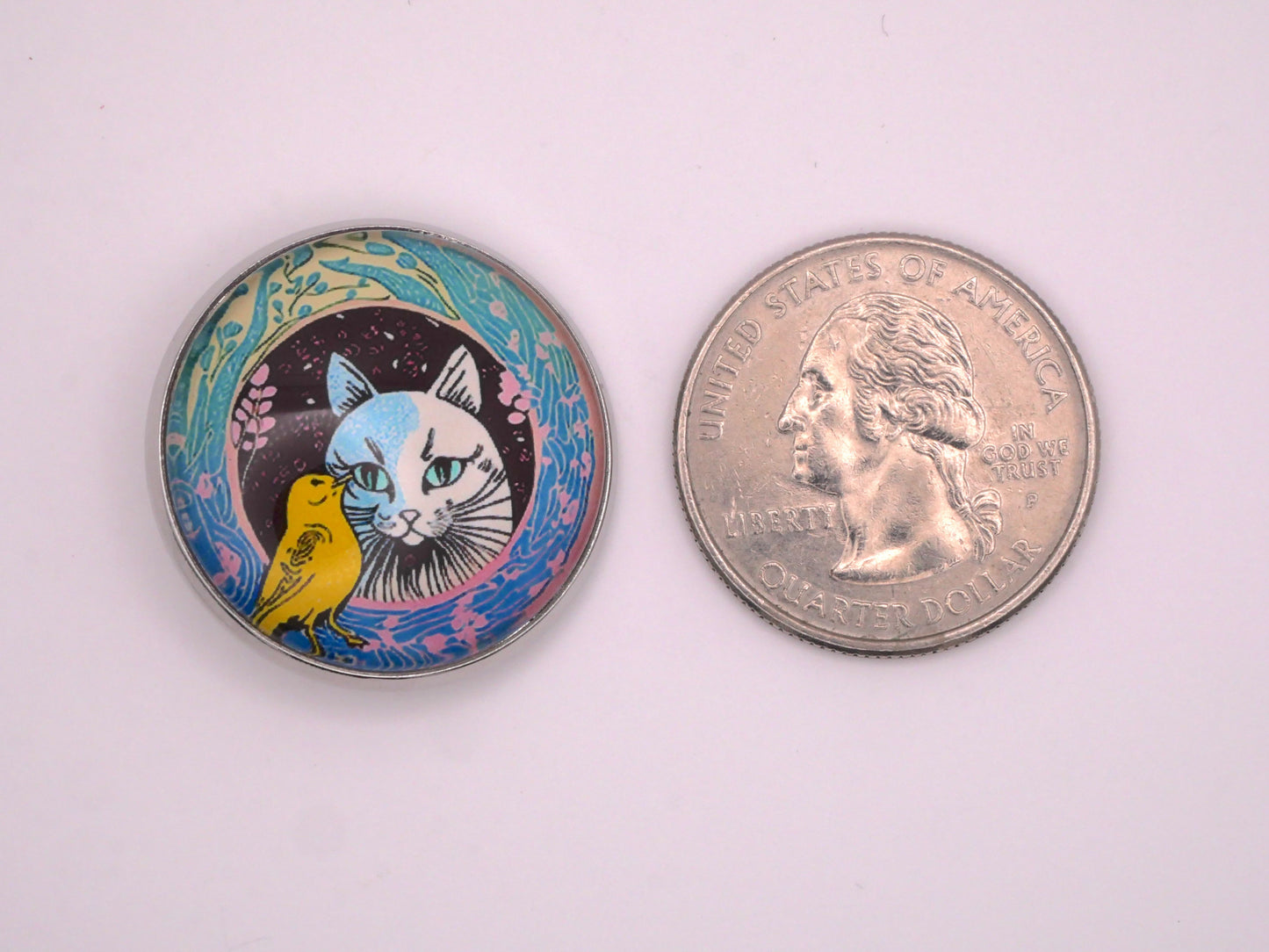 Cat Yellow Bird Friends Colorful Glass Dome Kitty Button 27mm