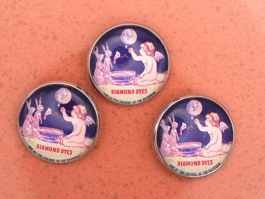 Cherub and Rabbits Diamond Dyes Advertisement Glass Dome Button 27mm