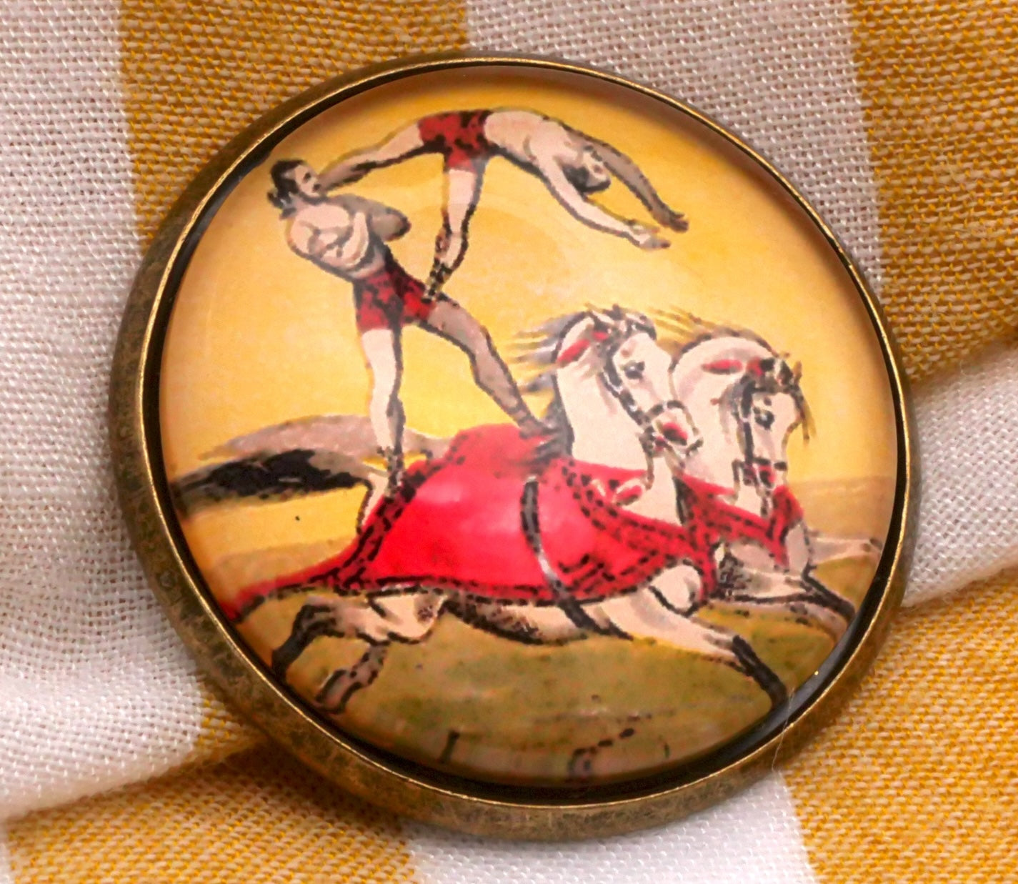 Circus Performers Horses Glass Dome Bronze Metal Button 28mm