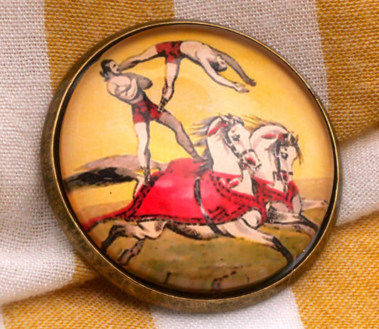 Circus Performers Horses Glass Dome Bronze Metal Button 28mm