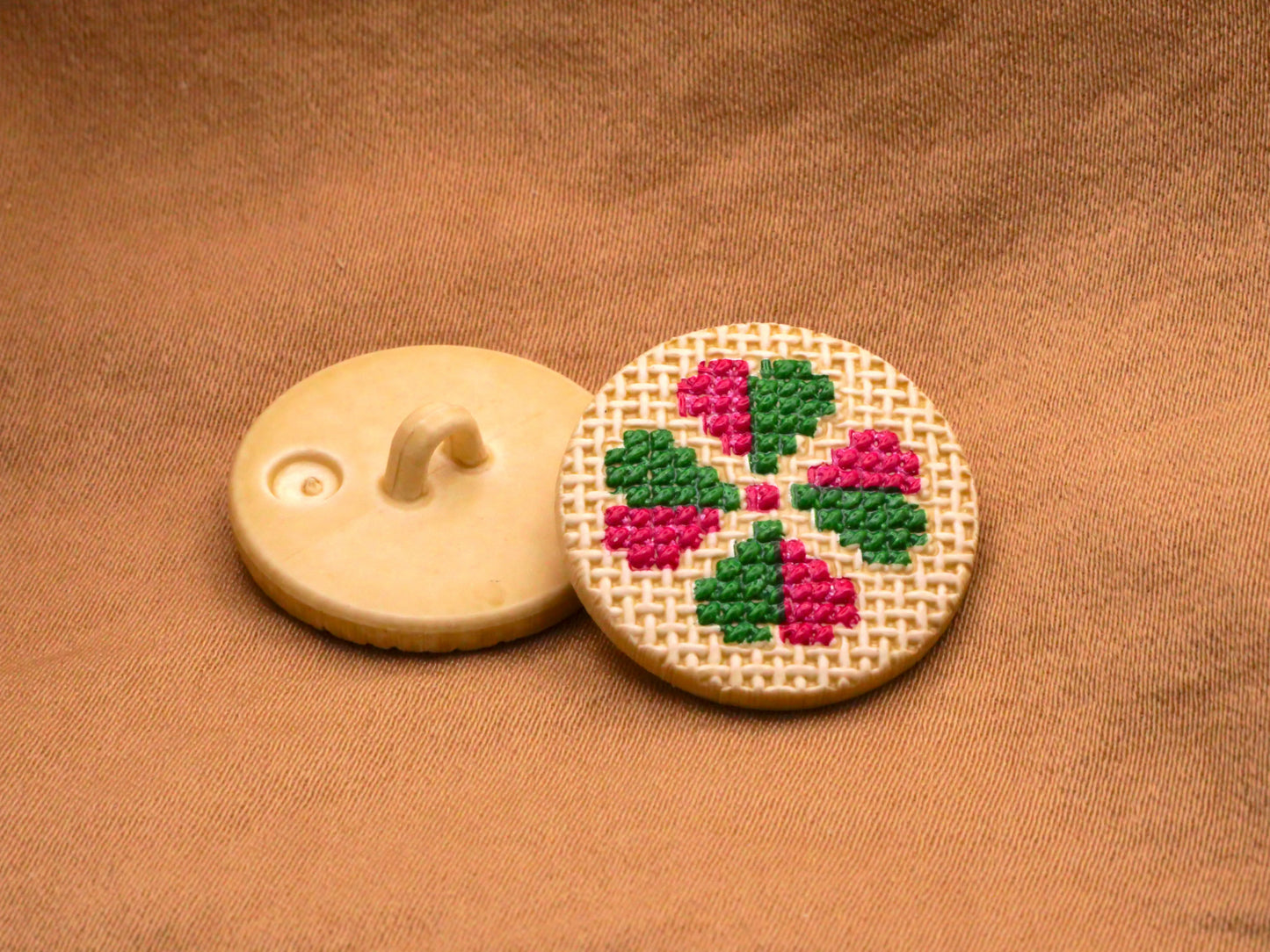 Clover JHB Cross Stitch Look Pink Green Plastic Button 20mm