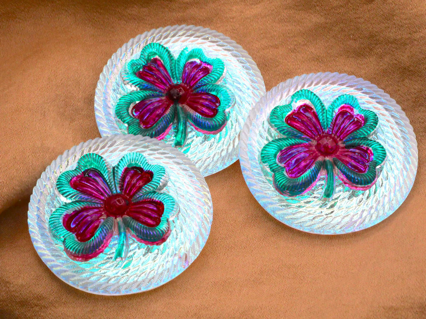 Clover Czech Glass Fuchsia Turquoise Large Button 37mm