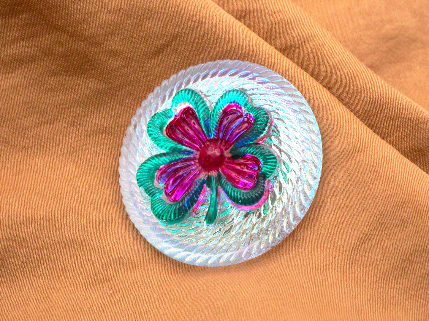 Clover Czech Glass Fuchsia Turquoise Large Button 37mm