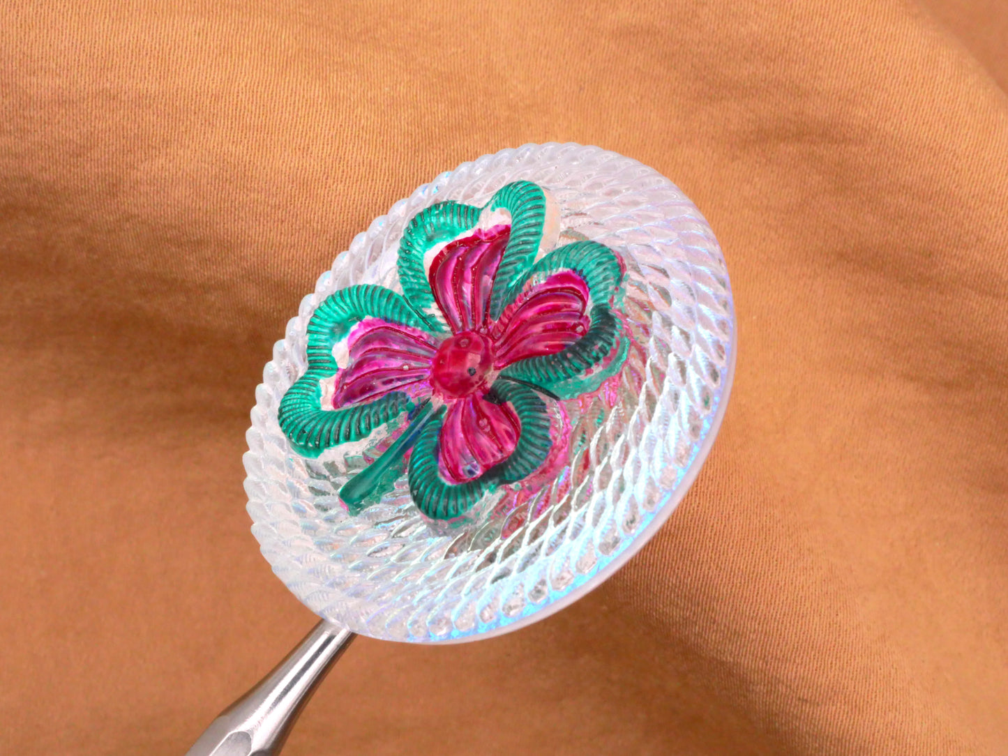 Clover Czech Glass Fuchsia Turquoise Large Button 37mm