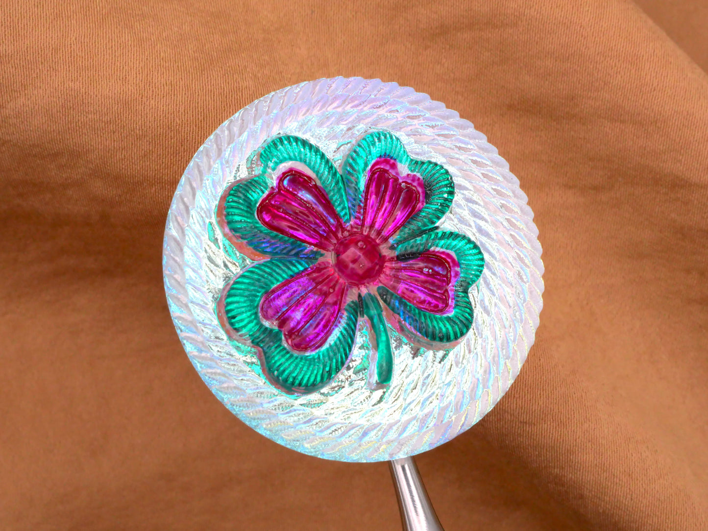 Clover Czech Glass Fuchsia Turquoise Large Button 37mm