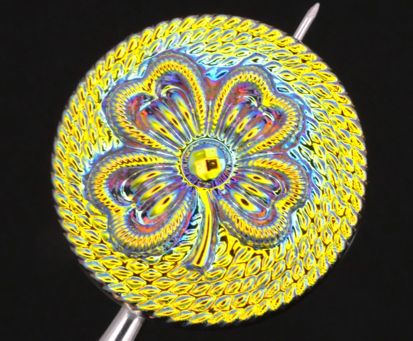 Four Leaf Clover Czech Glass Rope Design Iridescent Uranium Button 27mm