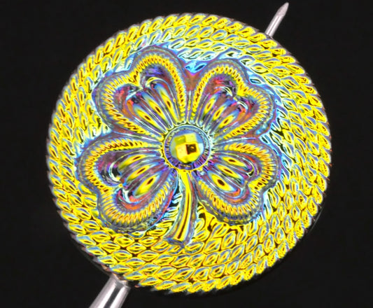 Four Leaf Clover Czech Glass Rope Design Iridescent Uranium Button 27mm
