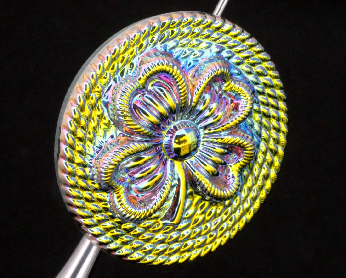 Four Leaf Clover Czech Glass Rope Design Iridescent Uranium Button 27mm
