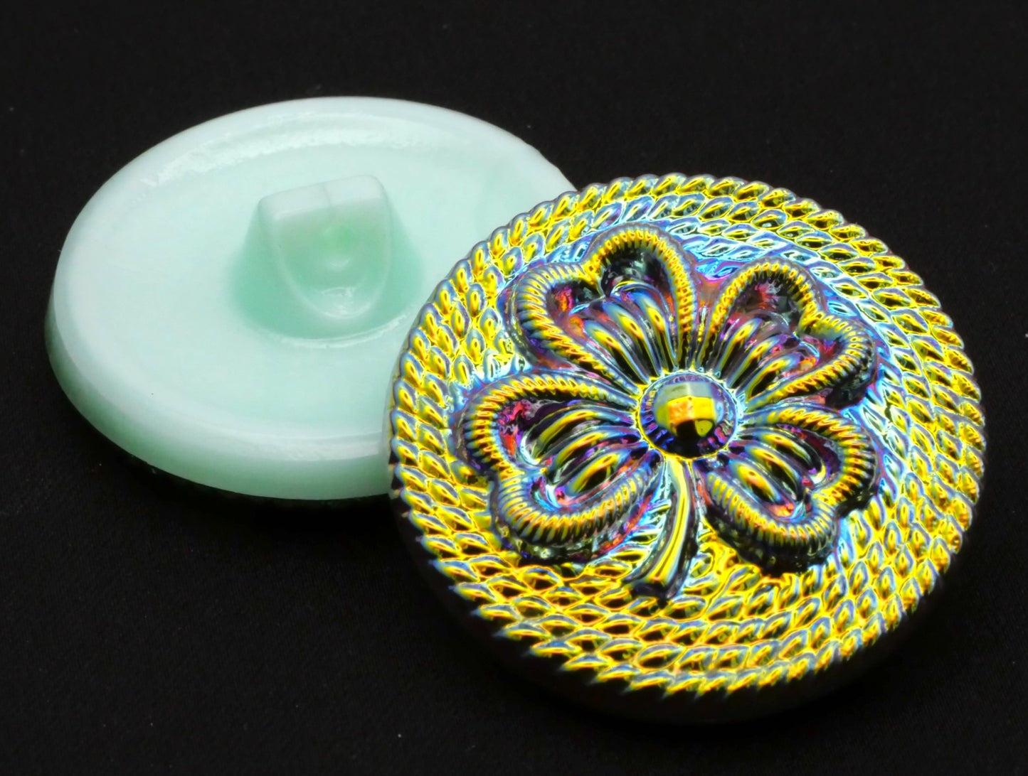 Four Leaf Clover Czech Glass Rope Design Iridescent Uranium Button 27mm
