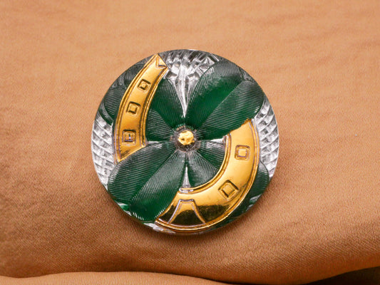 Clover Horseshoe Green Gold Silver Czech Glass Button 32mm