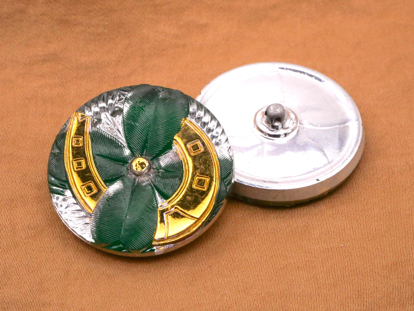 Clover Horseshoe Green Gold Silver Czech Glass Button 32mm