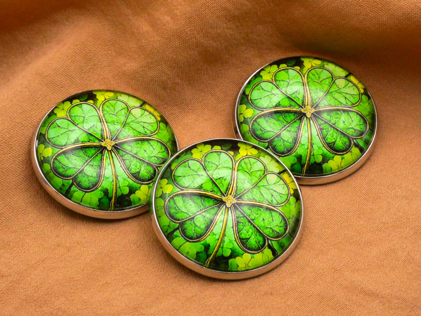 Shamrock Clover Stained Glass Look Dome Silver Metal Button 27mm