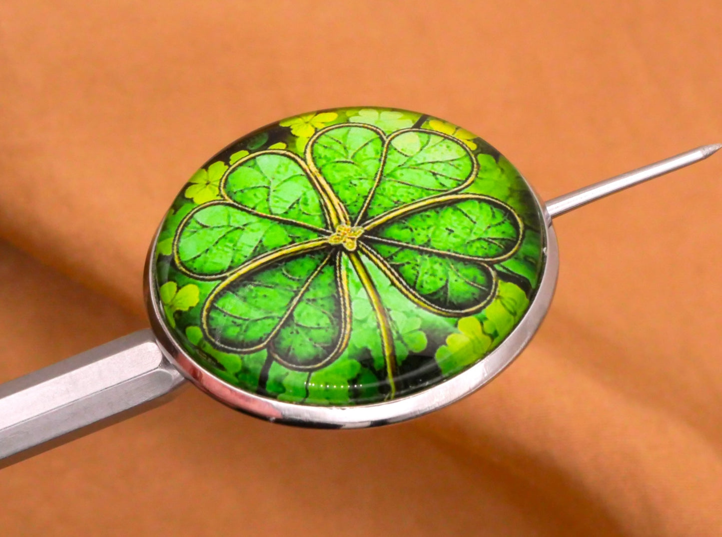 Shamrock Clover Stained Glass Look Dome Silver Metal Button 27mm