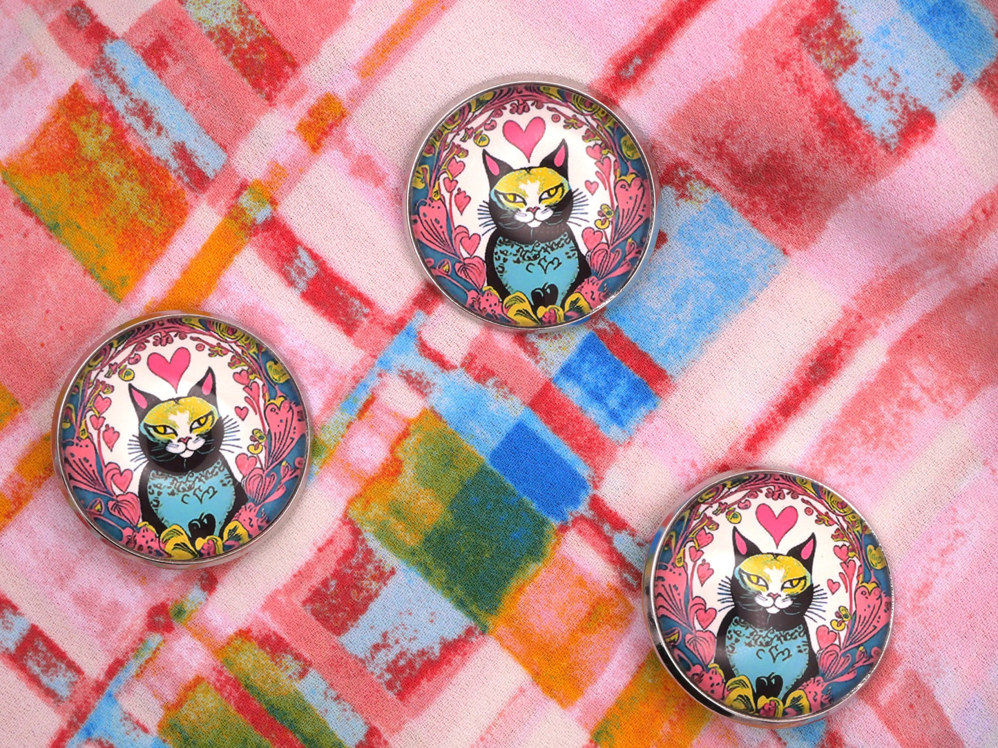 Colorful Cat Heart Glass Dome Button 27mm