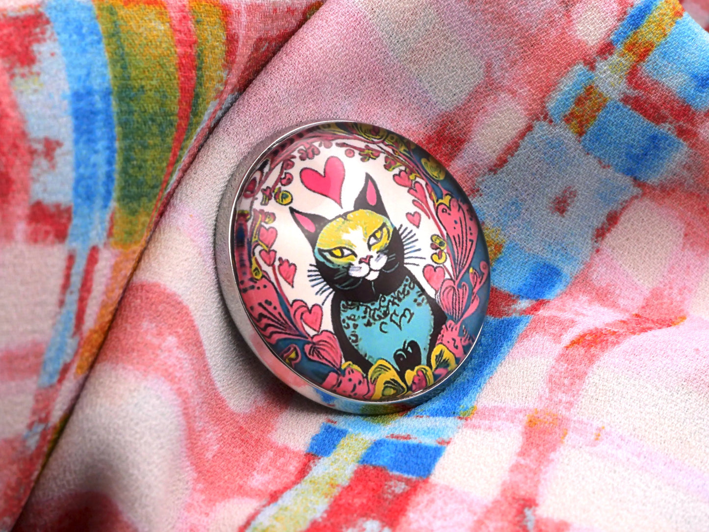 Colorful Cat Heart Glass Dome Button 27mm