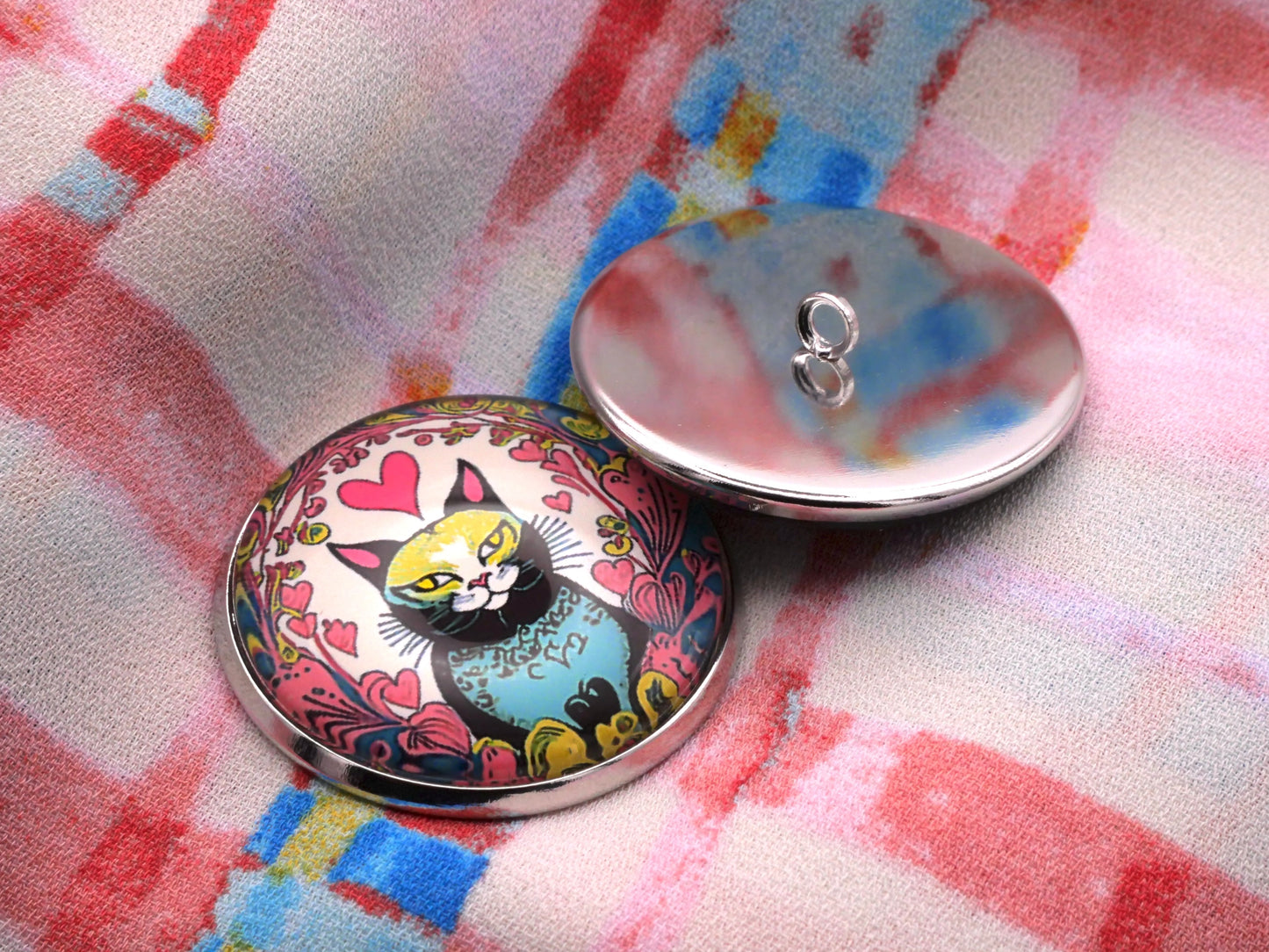 Colorful Cat Heart Glass Dome Button 27mm