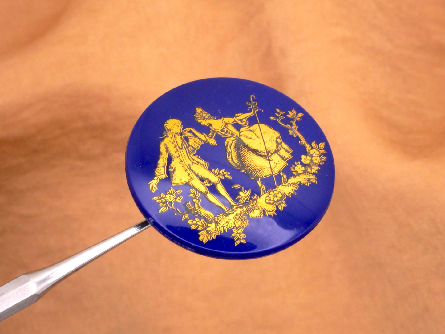 Courting Couple Blue Glass Gold Foil Decal Large Button 35mm