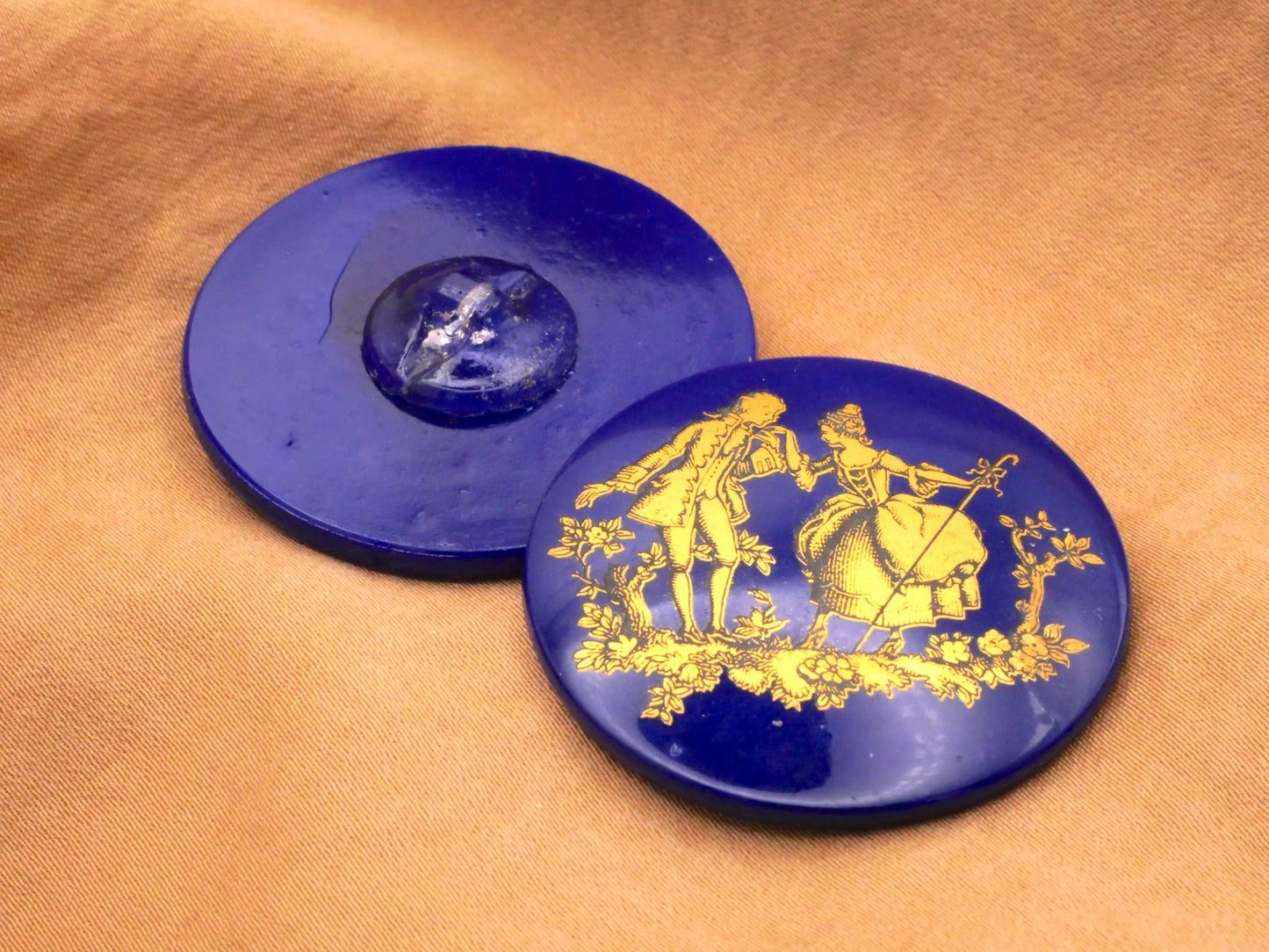 Courting Couple Blue Glass Gold Foil Decal Large Button 35mm