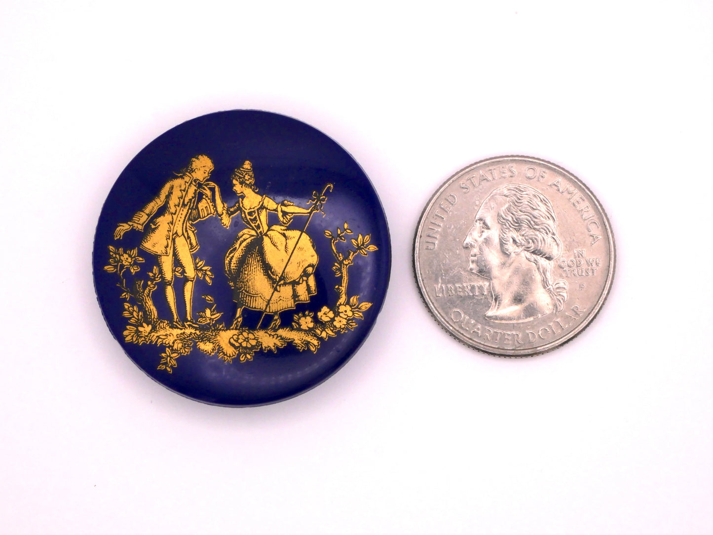 Courting Couple Blue Glass Gold Foil Decal Large Button 35mm