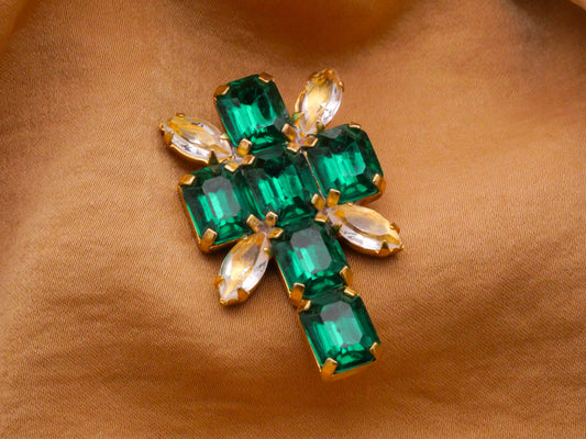 Cross Czech Glass Rhinestone Emerald Green Vintage Metal Button 25x41mm