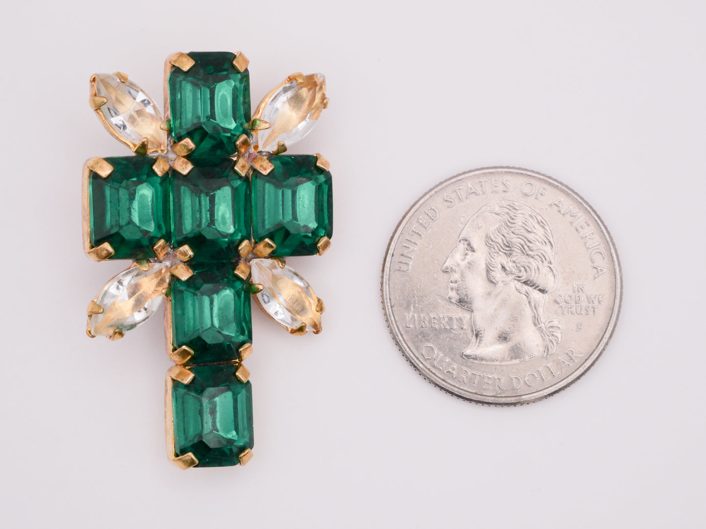 Cross Czech Glass Rhinestone Emerald Green Vintage Metal Button 25x41mm