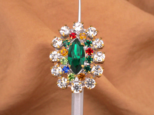 Czech Glass Rhinestone Emerald Marquise Multi-Color Vintage Button 22x30