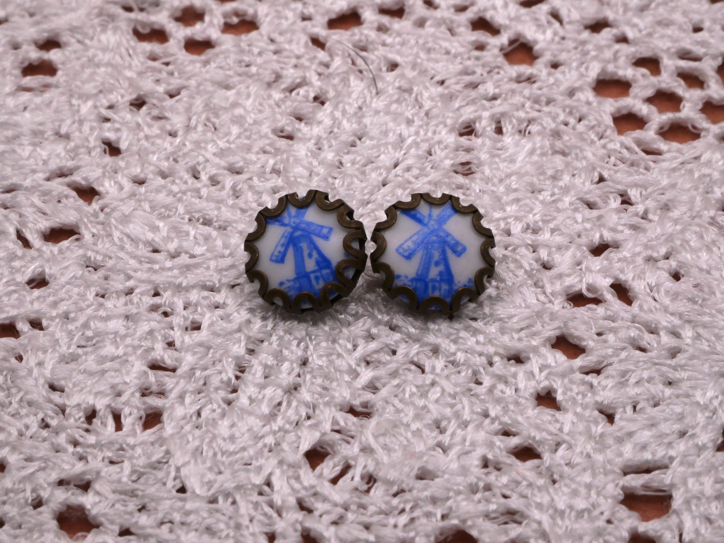 Tiny Glass Delft Dutch Holland Windmill Pair of Buttons 11mm