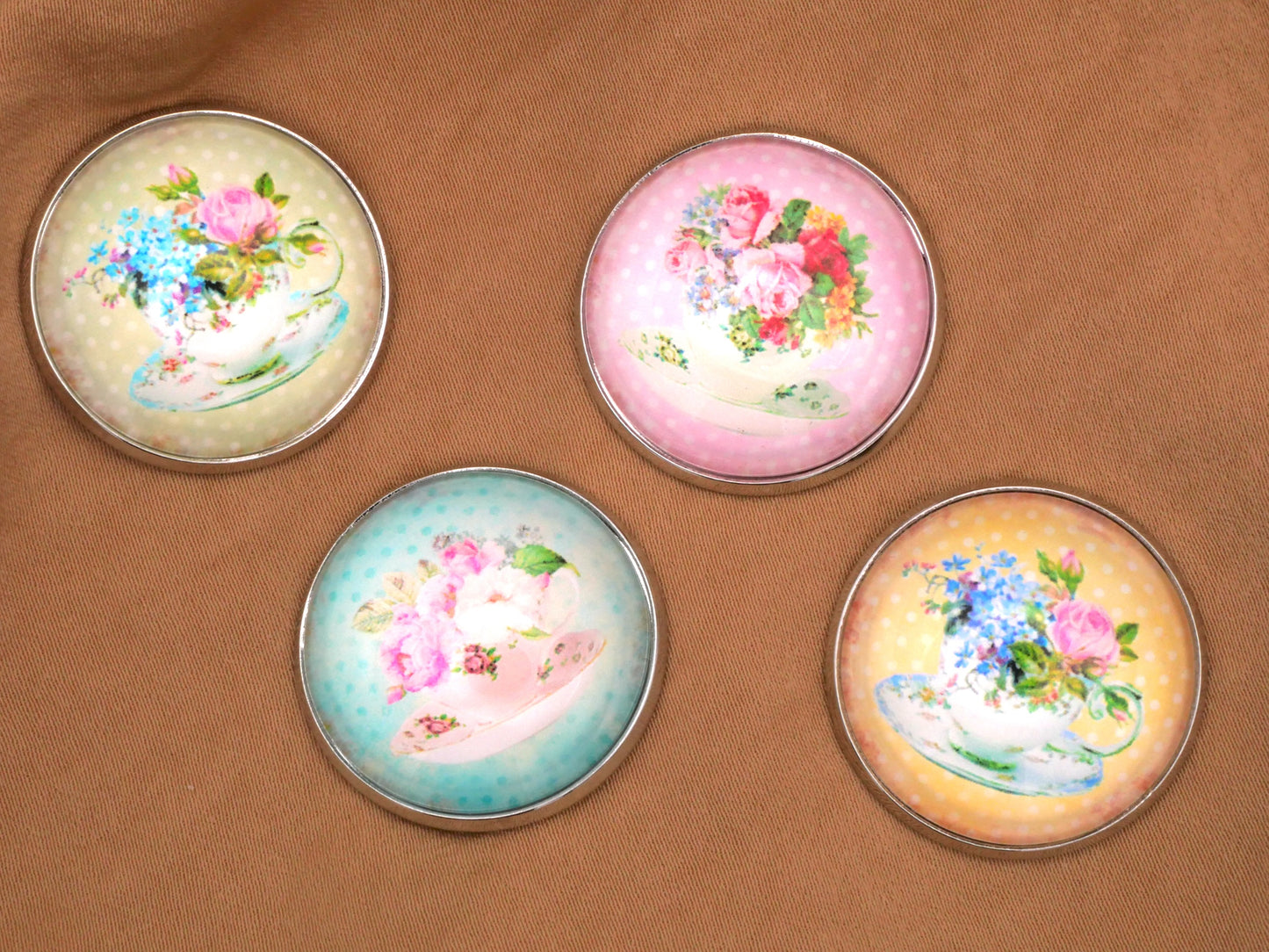 Flower Bouquet Teacup Glass Dome Button Set of Four 27mm