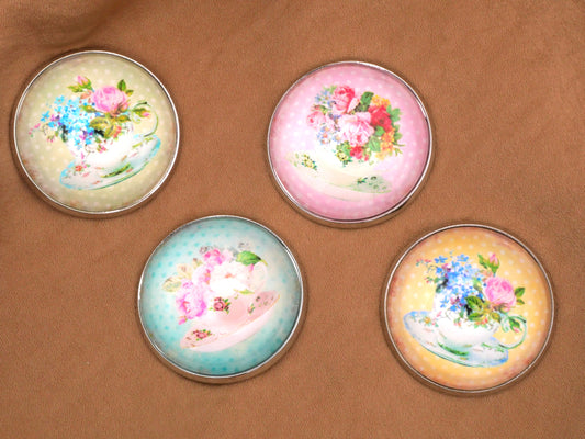 Flower Bouquet Teacup Glass Dome Button Set of Four 27mm