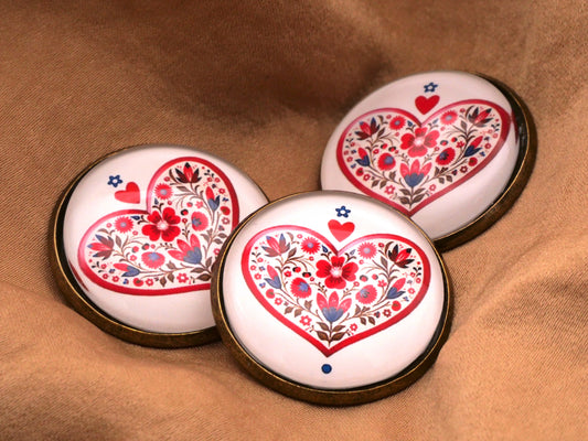 Folk Art Heart Glass Dome Metal Button 28mm