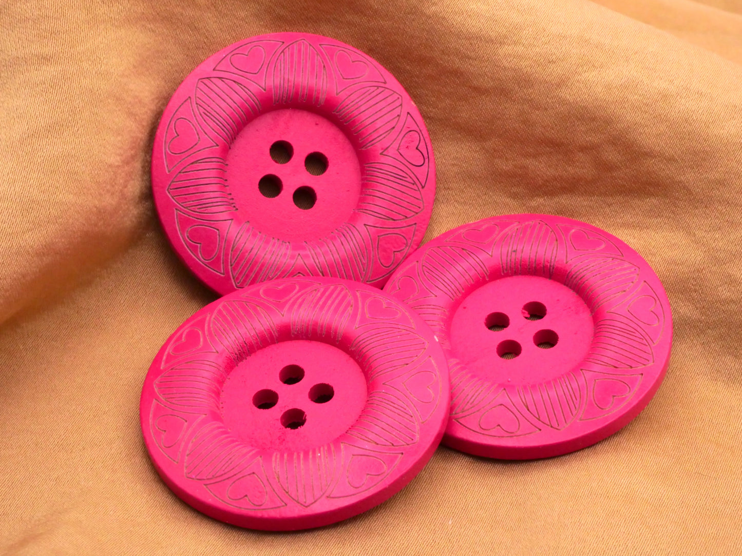 Wood Fuchsia Pink Heart Carved Etched Large Button 40mm