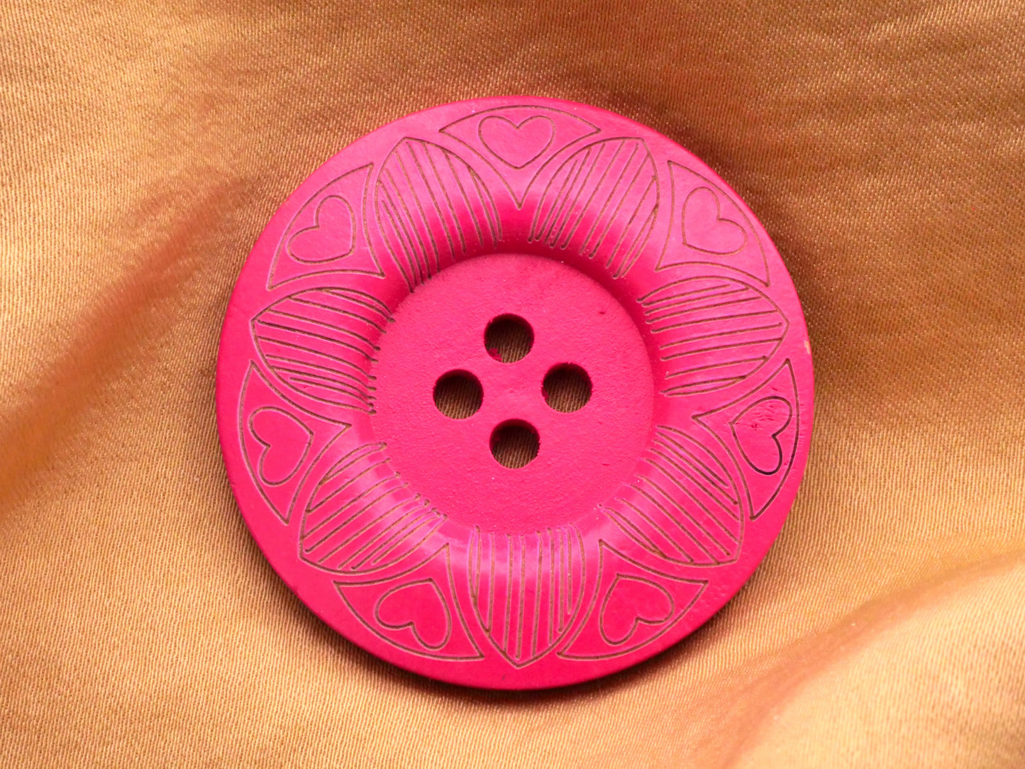 Wood Fuchsia Pink Heart Carved Etched Large Button 40mm