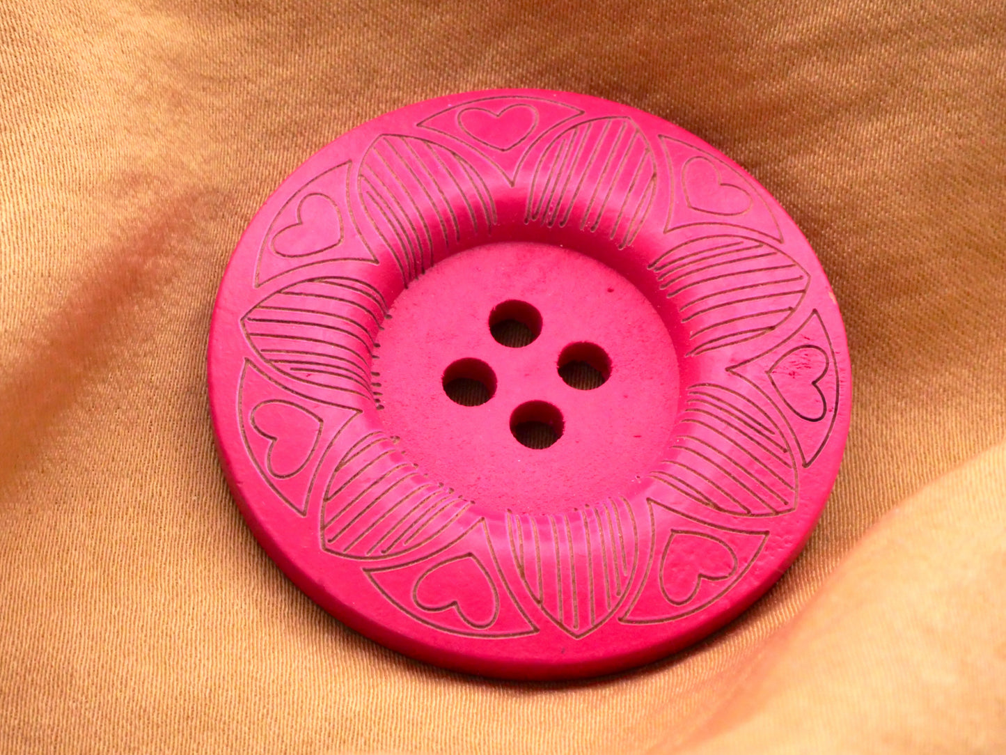 Wood Fuchsia Pink Heart Carved Etched Large Button 40mm