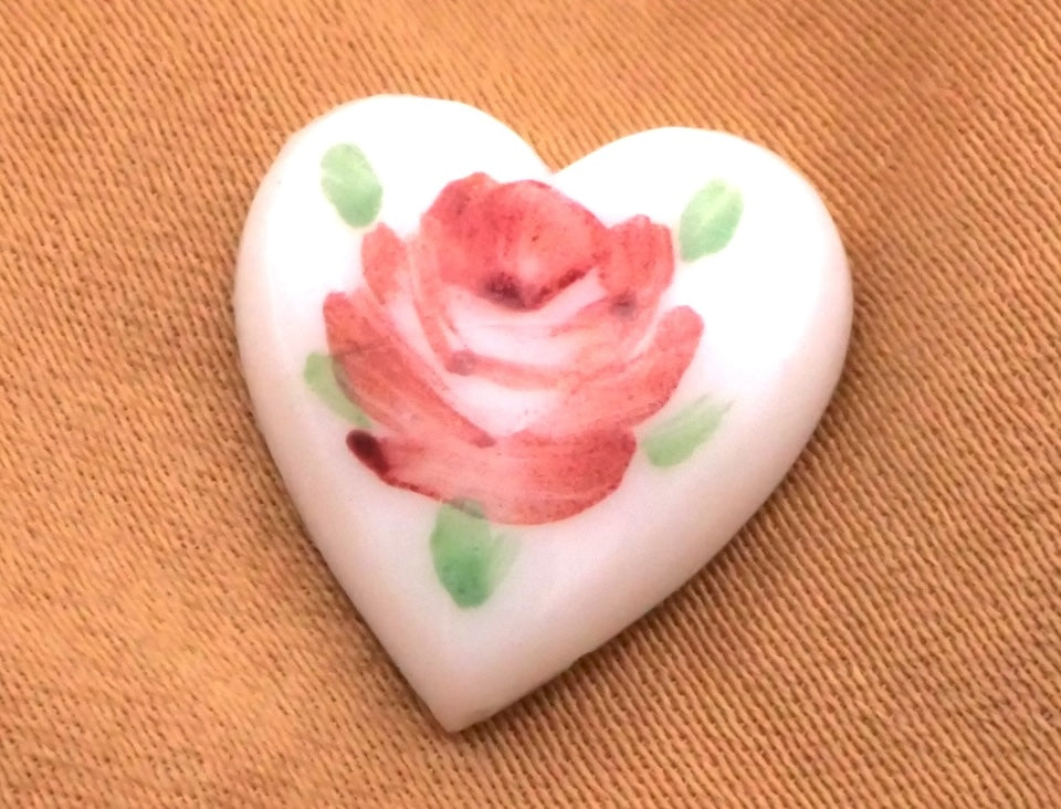 Heart Rose Hand-PaintedWhite Glass Button 14x15mm