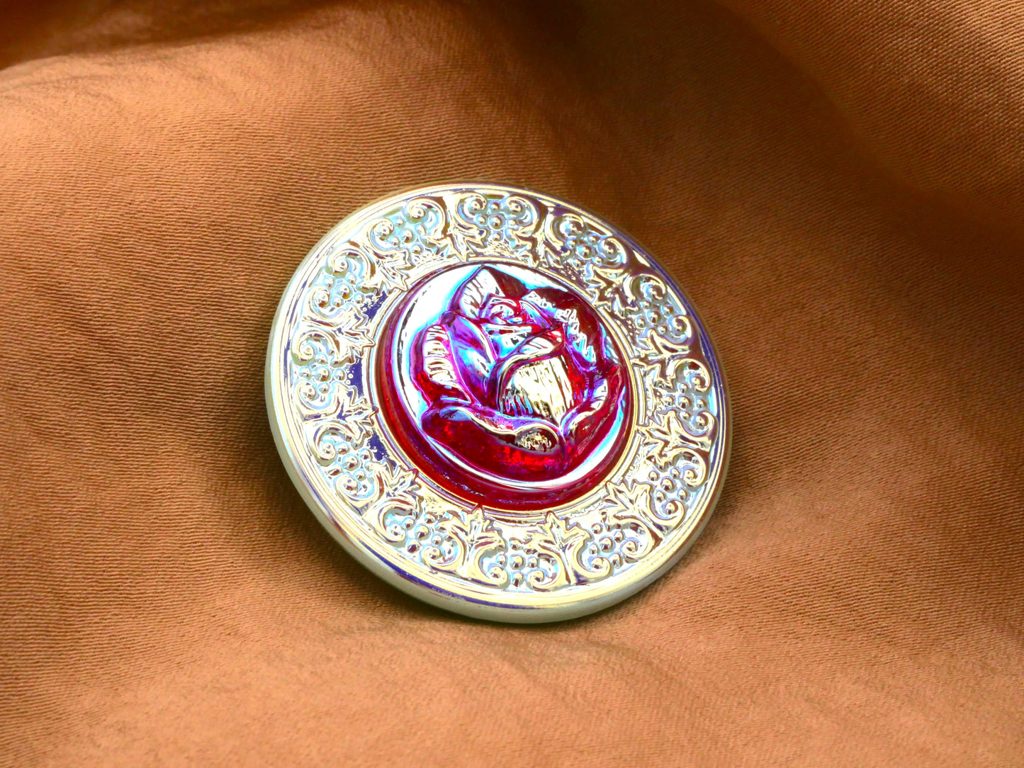 Czech Glass Rose Pink Jade Green Iridescent Large Button 34mm