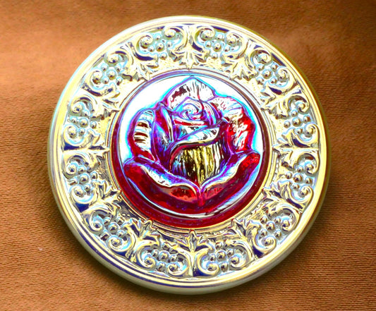 Czech Glass Rose Pink Jade Green Iridescent Large Button 34mm