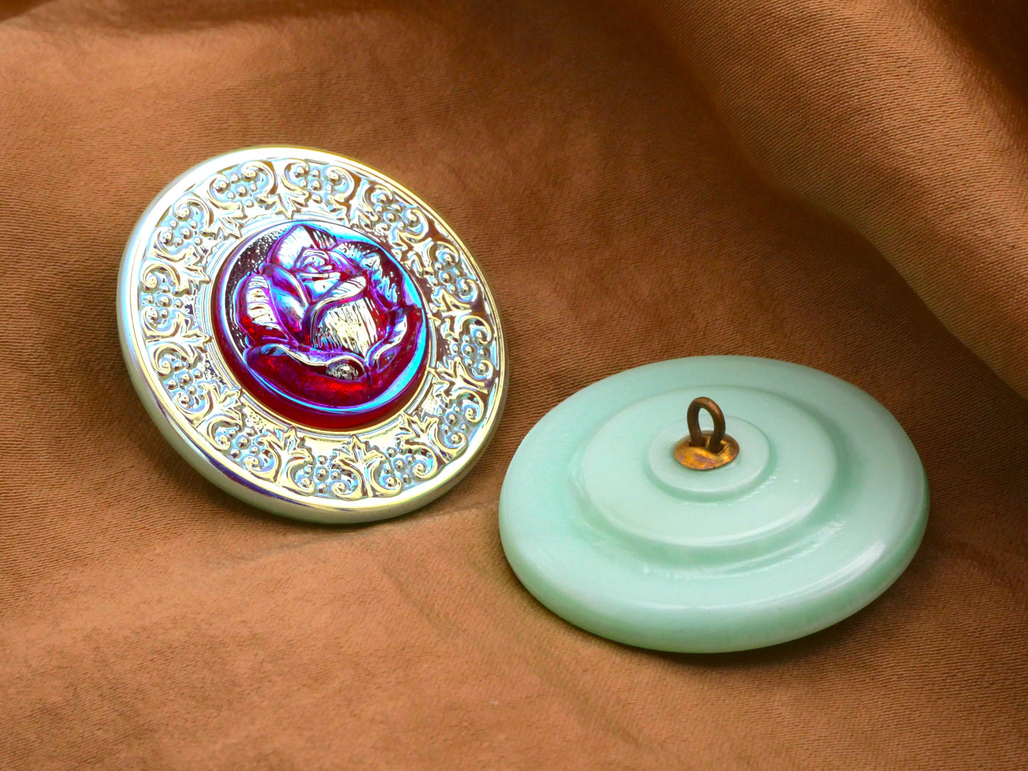 Czech Glass Rose Pink Jade Green Iridescent Large Button 34mm