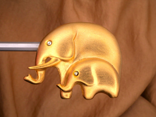 Elephant Mother Baby Rhinestone Eyes Brushed Brass Colored Metal Double Shank Large Button 40x49mm