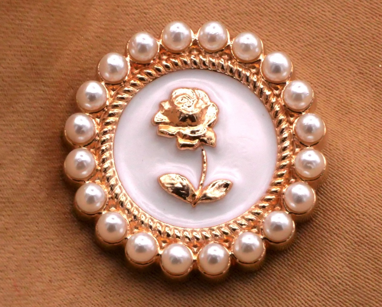 Gold Enamel Rose Faux Pearl Button 22mm
