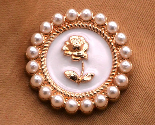 Gold Enamel Rose Faux Pearl Button 22mm