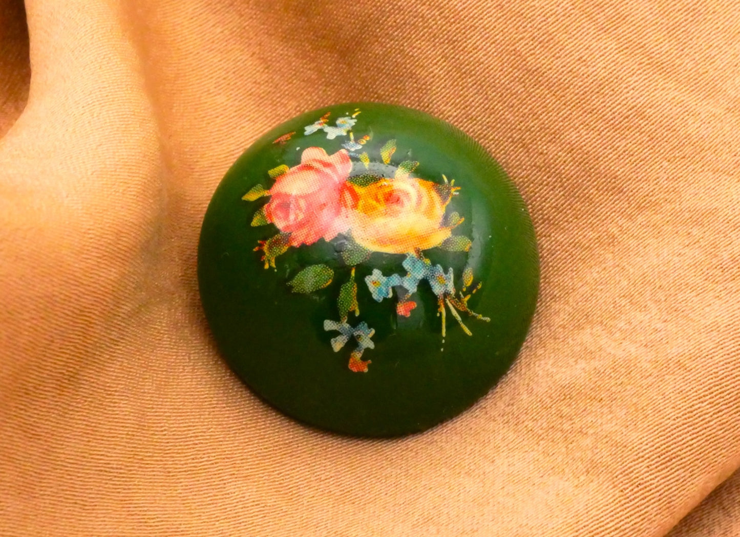 Dark Green Domed Plastic Pink Yellow Roses Button 24mm