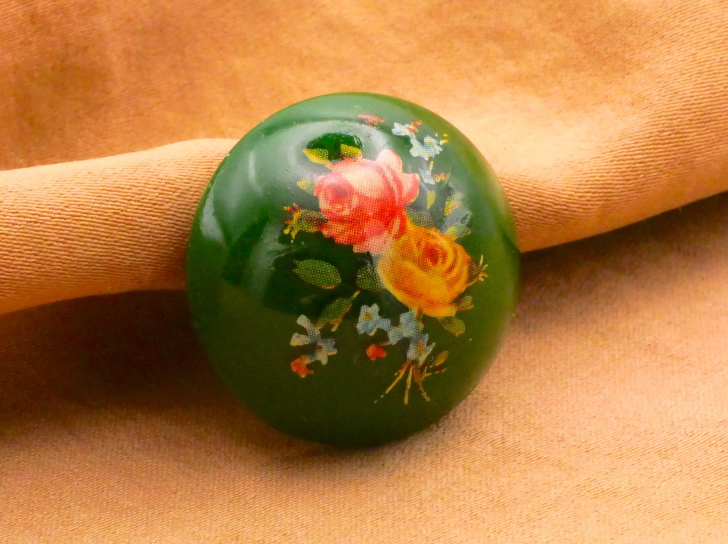 Dark Green Domed Plastic Pink Yellow Roses Button 24mm